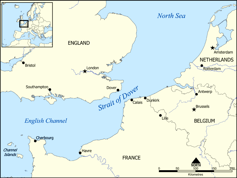 Map showing the location of the Strait of Dover between England and France