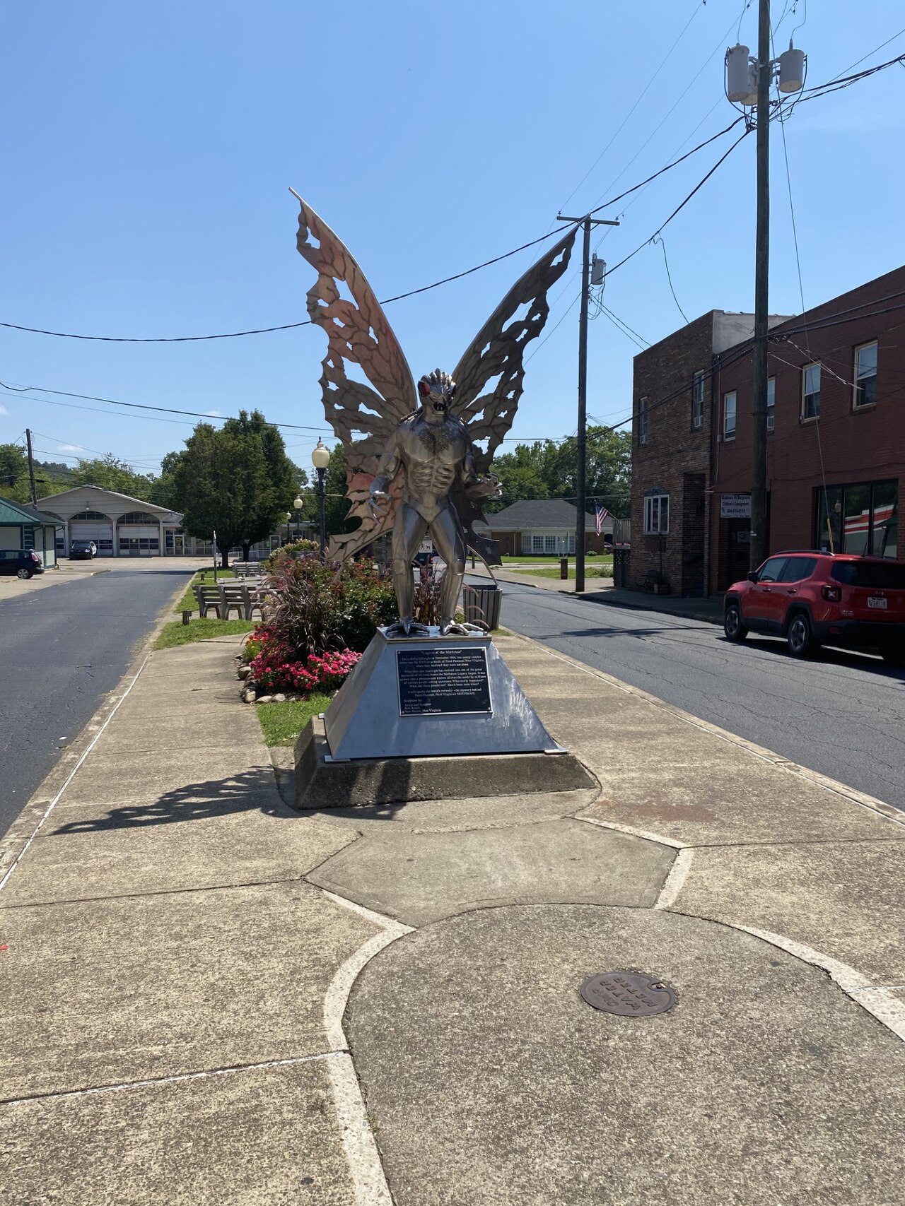The metallic winged Mothman statue in Point Pleasant, West Virginia