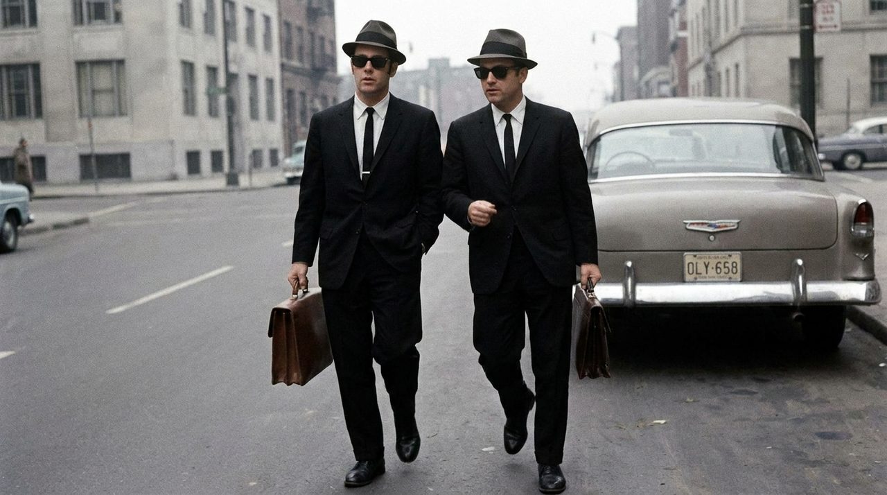 An AI-generated artist's impression of two men in dark suits, hats, and sunglasses walking with briefcases past a period car