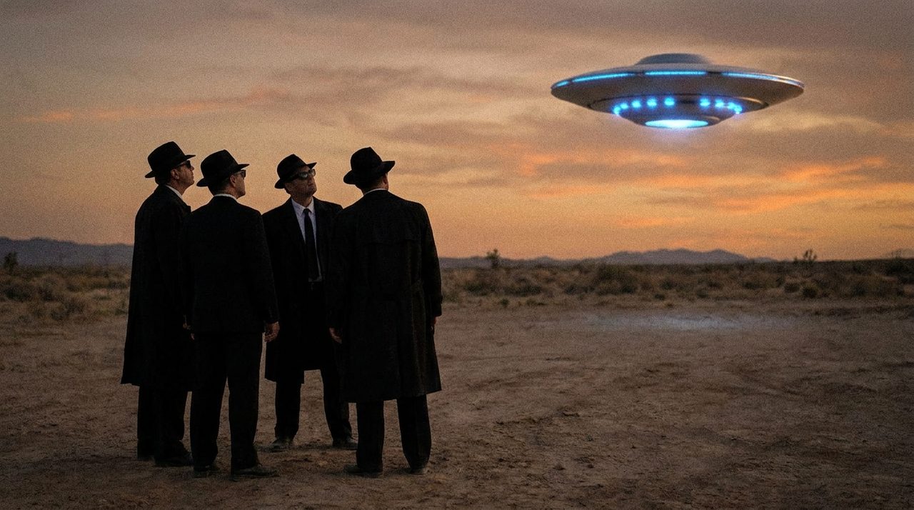 An AI-generated artist's impression of four men in dark suits and hats watching a hovering UFO at dusk in a desert