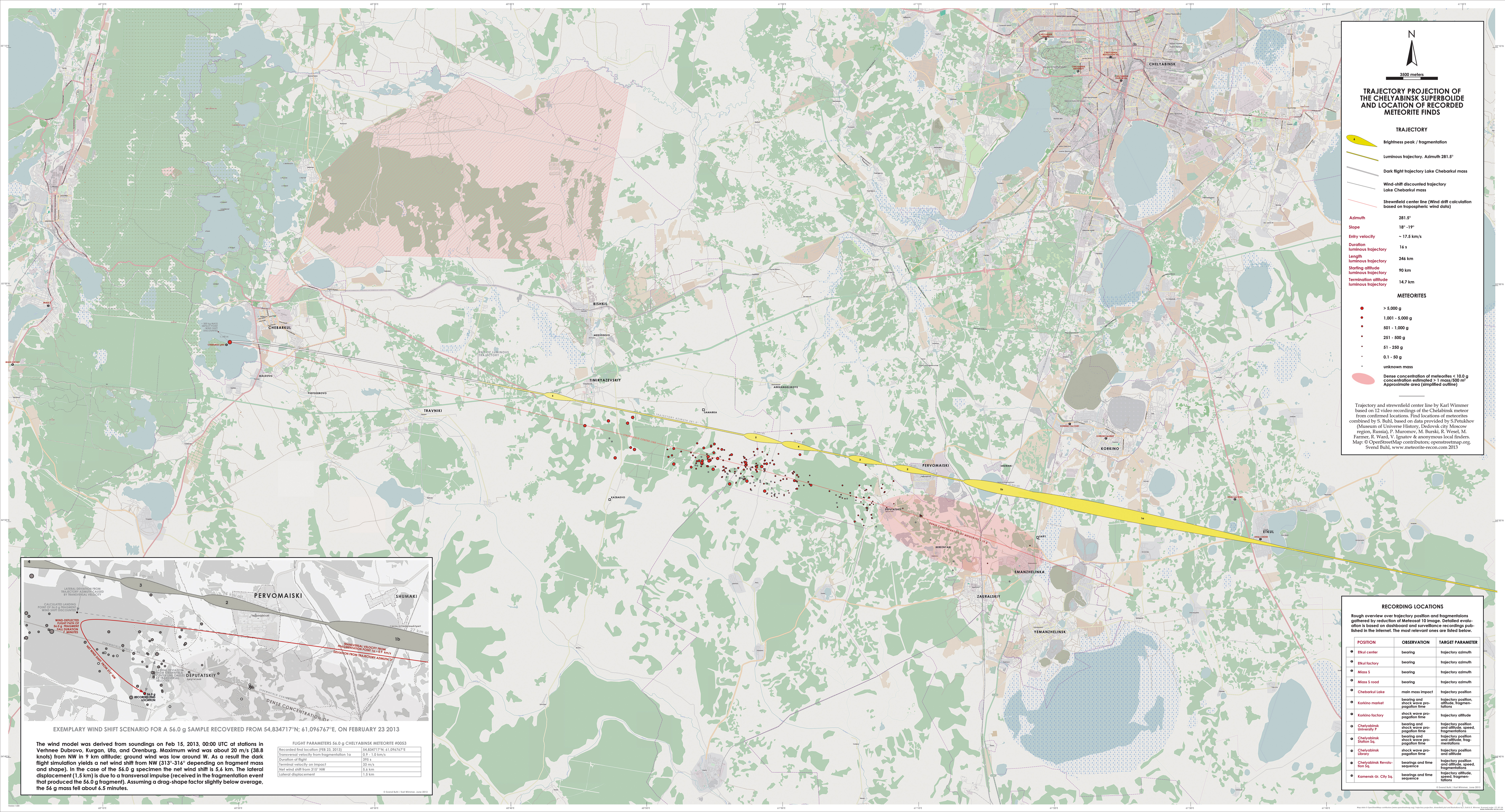 Map showing the recorded find locations of 253 Chelyabinsk meteorite fragments and the fireball's trajectory