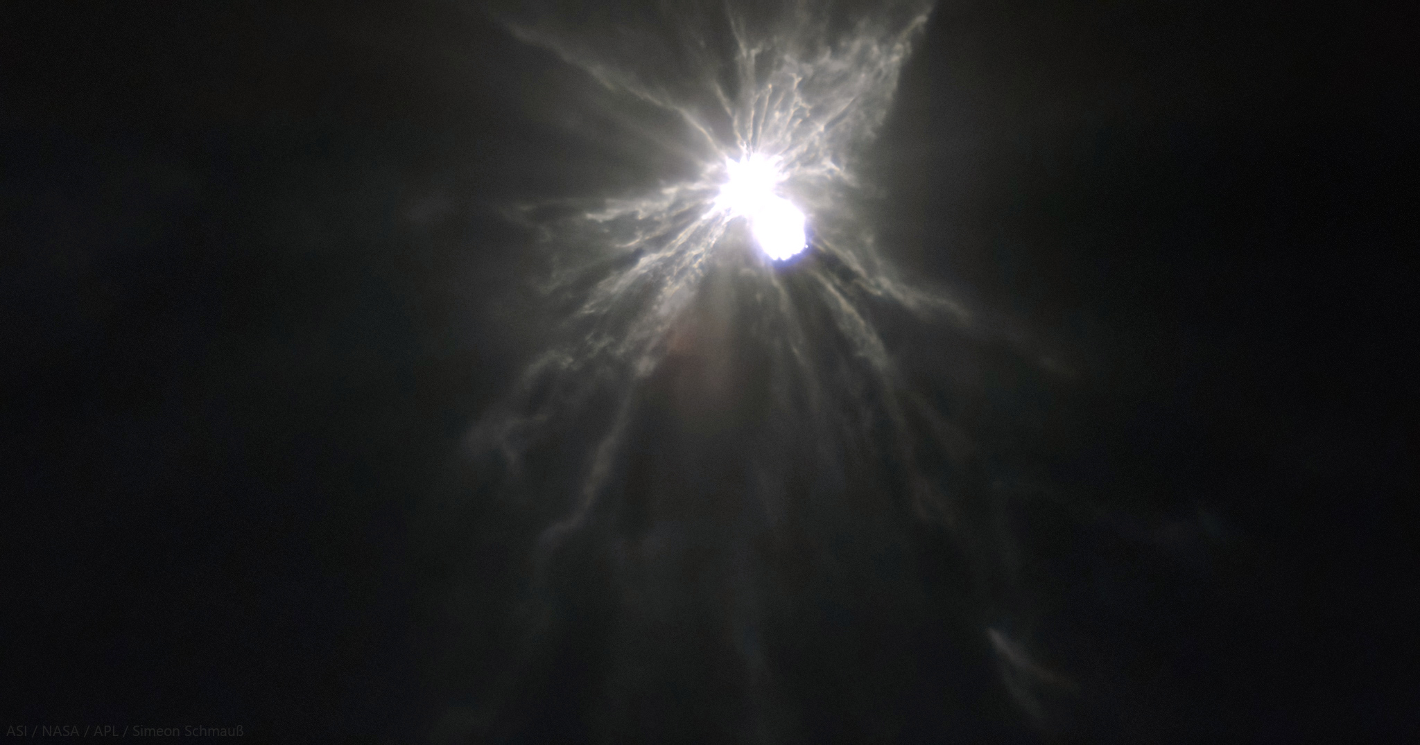 The debris/ejecta plume from DART's impact on Dimorphos, captured by the Italian LICIACube spacecraft