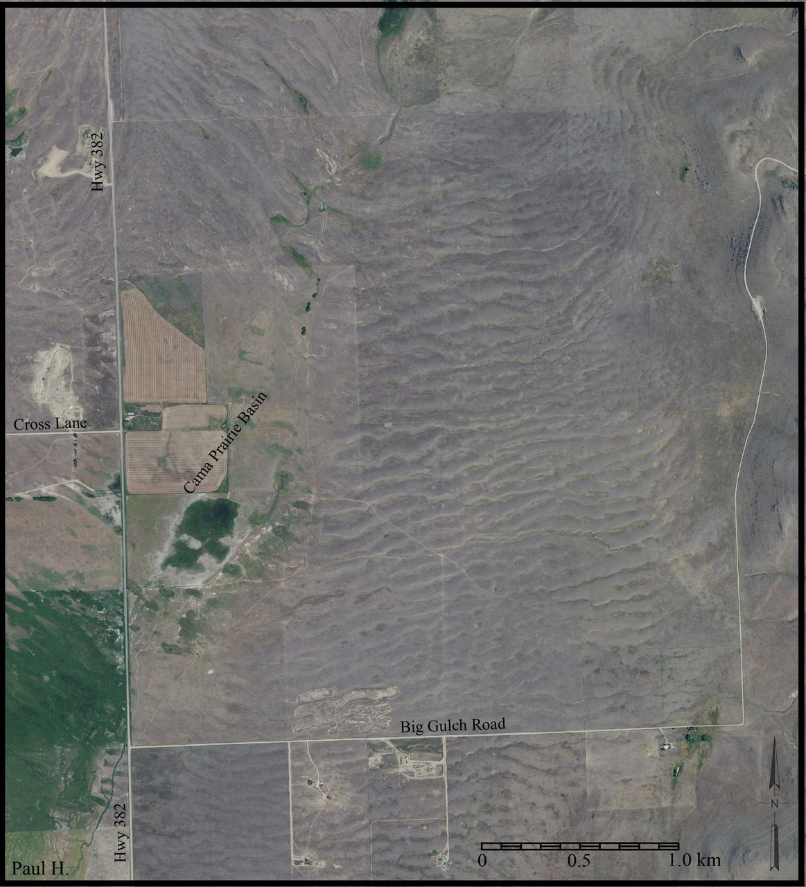 Aerial view of the giant current ripples at Camas Prairie, Montana