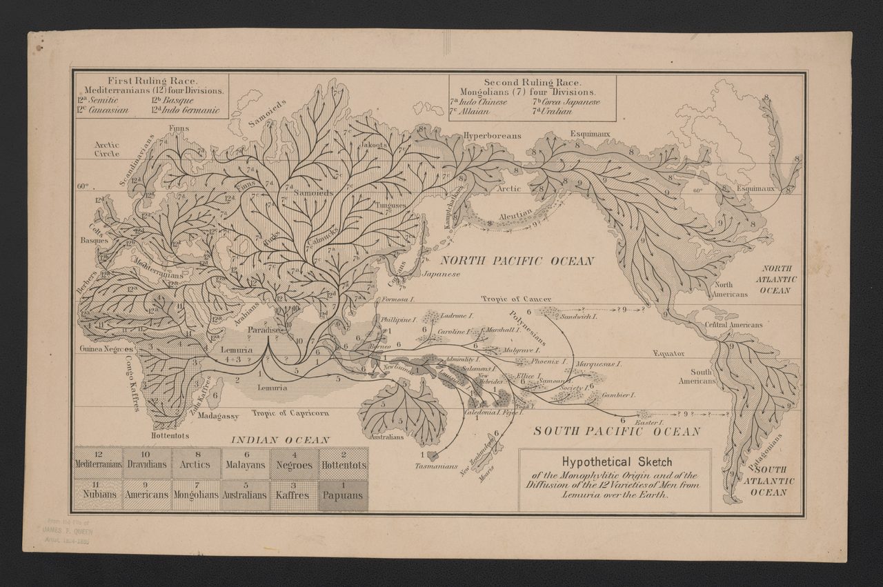 Ernst Haeckel's 1876 lithographic map illustrating the theoretical dispersal of human varieties from Lemuria