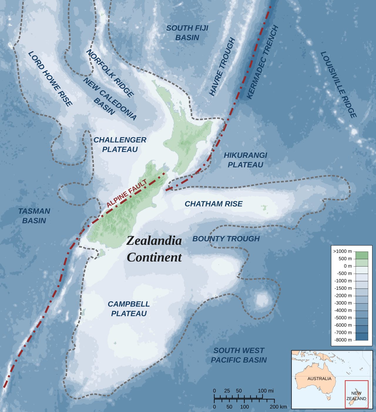 Map of Zealandia, the confirmed mostly-submerged continent in the southwest Pacific
