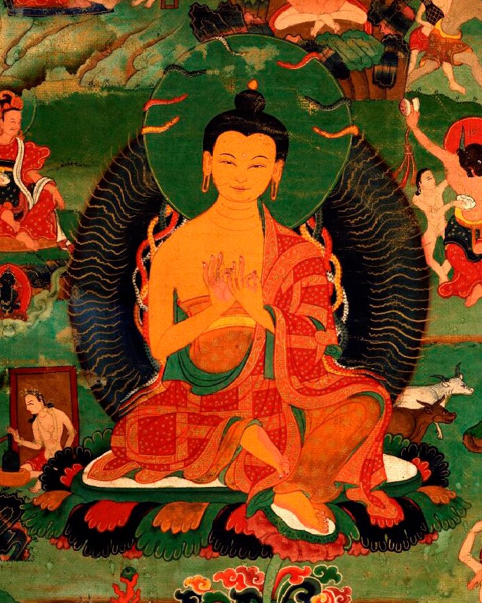 Nagarjuna depicted among the 84 Mahasiddhas, traditional thangka-style painting, circa 1700 CE