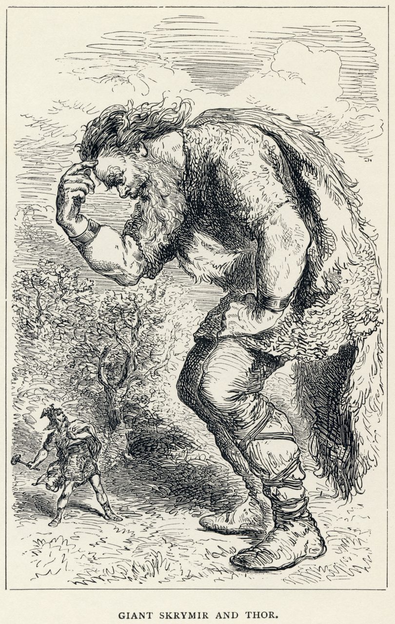 A period book illustration by Louis Huard showing the giant Skrymir together with the god Thor