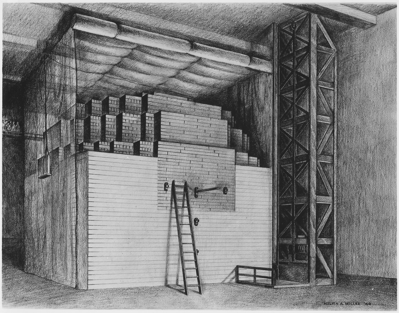 A black-and-white archival illustration of the Chicago Pile-1 nuclear reactor, a stacked lattice structure at the University of Chicago.