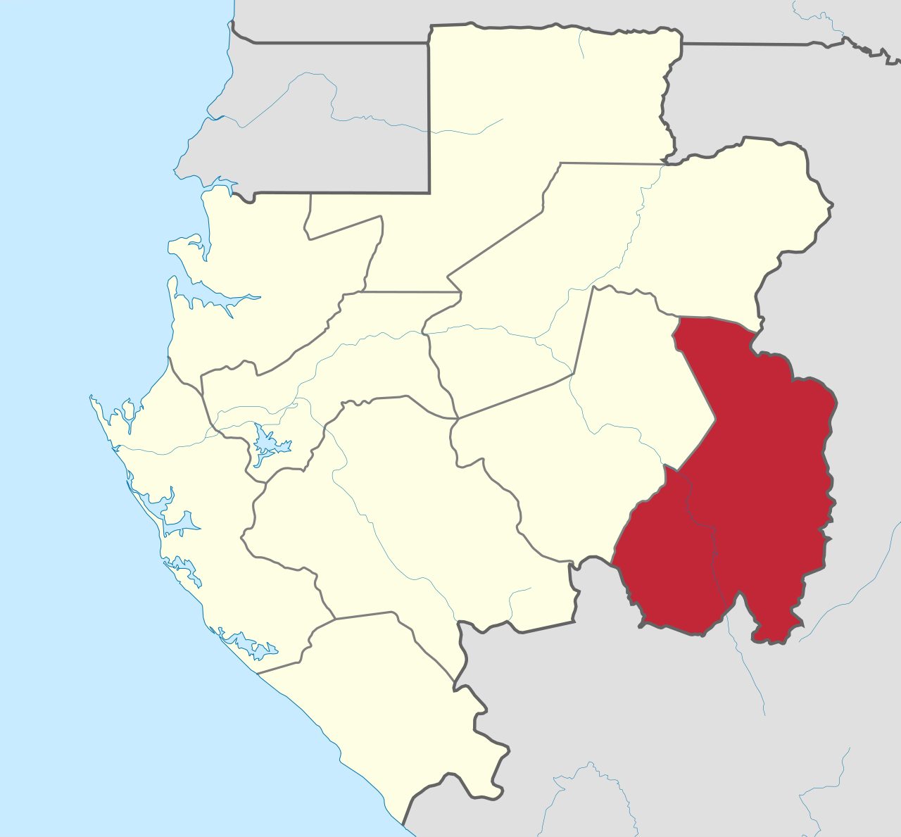 A locator map of Gabon in west-central Africa with Haut-Ogooue Province highlighted in the southeast.