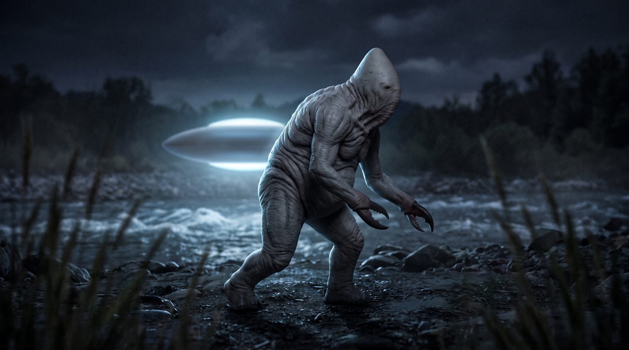An AI-generated artist's impression of one of the wrinkled grey, pincer-handed beings Charles Hickson and Calvin Parker described on the Pascagoula riverbank in 1973