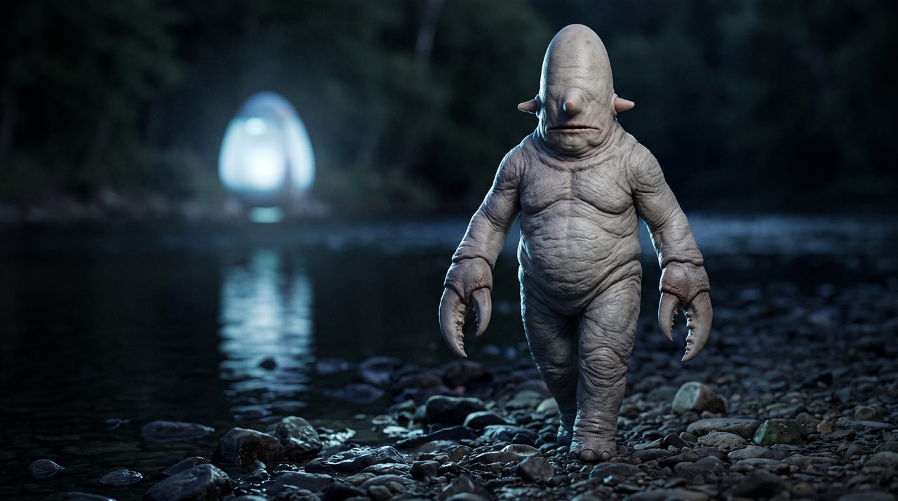 An AI-generated artist's impression of a Pascagoula being on the riverbank at night, showing the carrot-like nose and ear projections witnesses described