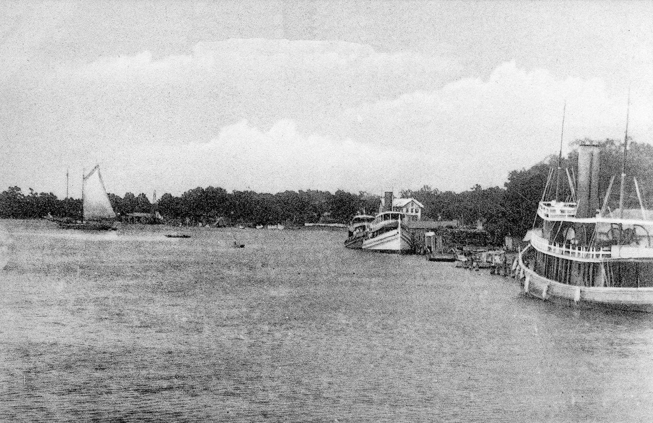 The Pascagoula River near Pascagoula, Mississippi, photographed around 1900; on its west bank, off an abandoned pier, Charles Hickson and Calvin Parker said they were taken aboard a hovering craft on the night of October 11, 1973