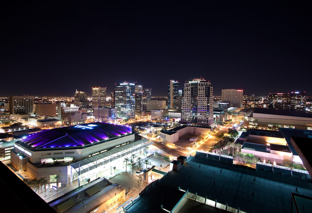 The downtown Phoenix skyline photographed at night from an elevated vantage point