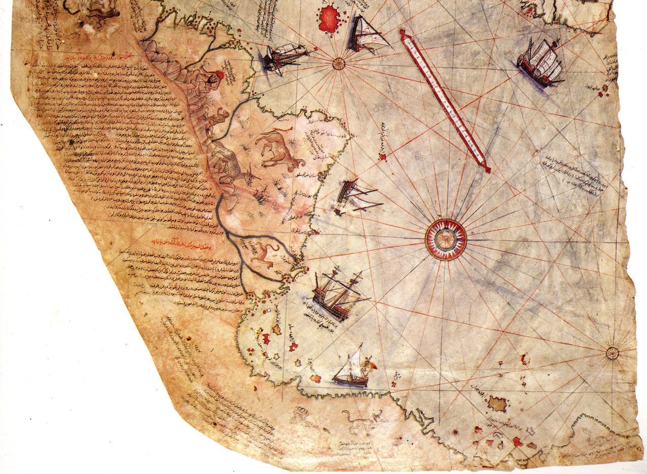 The southern portion of the Piri Reis map fragment, where the coastline bends eastward