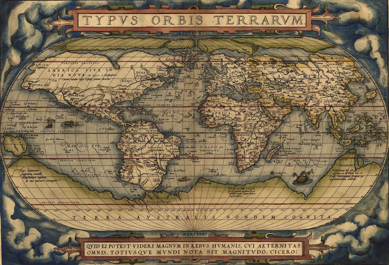An early modern world map showing a large speculative southern continent labeled Terra Australis Incognita
