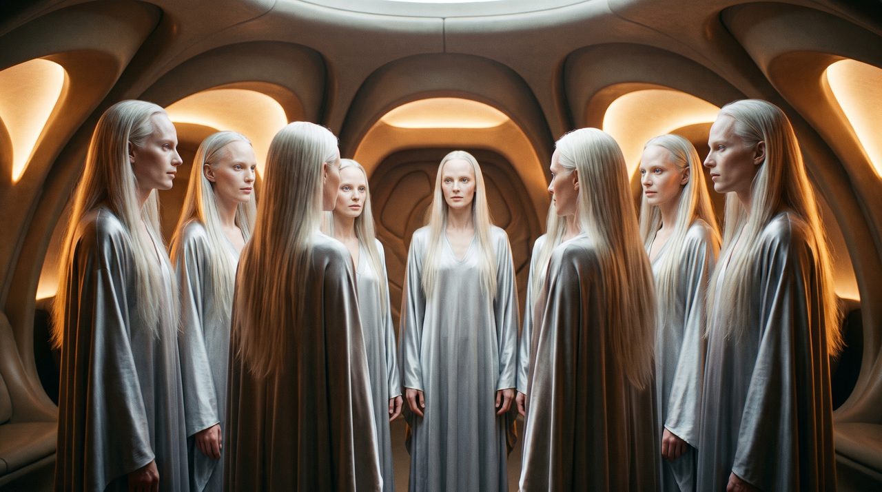 An AI-generated artist's impression of seven Pleiadians gathered in a semicircle aboard their craft, evoking the Plejaren High Council