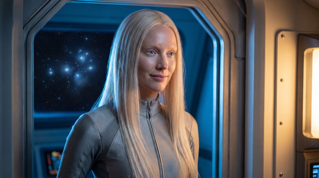 An AI-generated artist's impression of a tall, blond, blue-eyed Pleiadian woman on the threshold of a spacecraft, the Pleiades star cluster glowing behind her