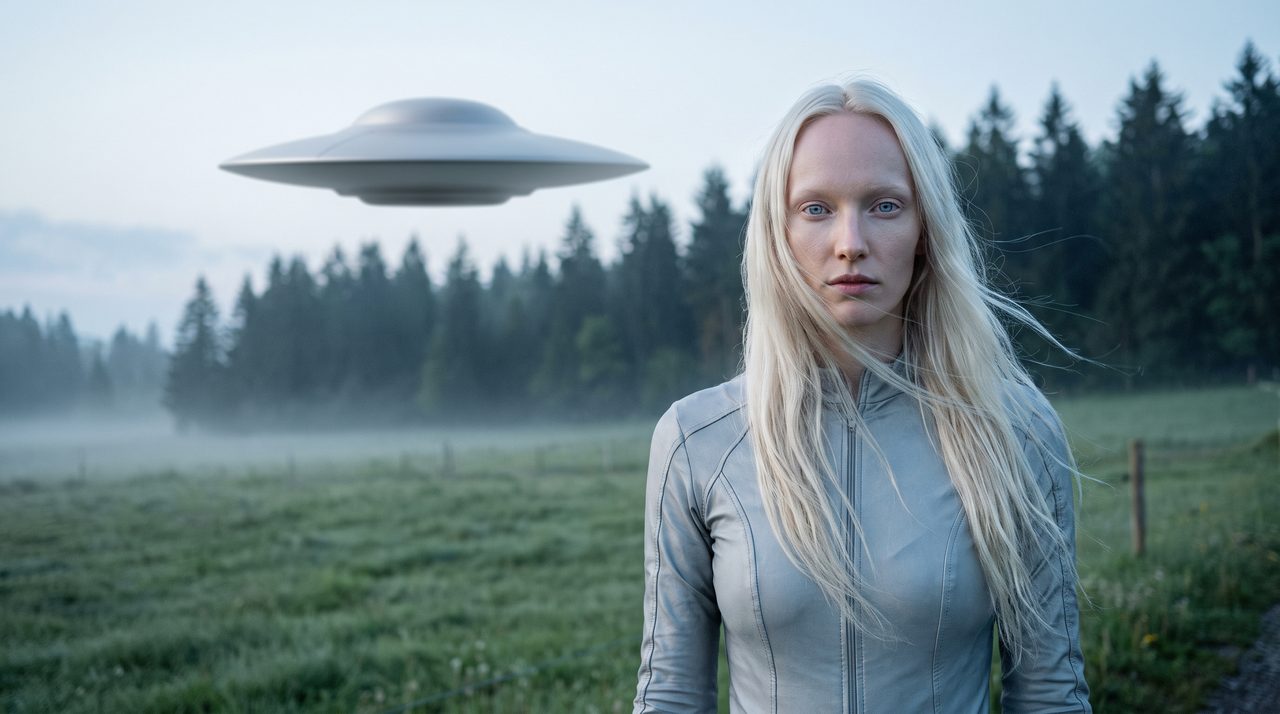 An AI-generated artist's impression of a Pleiadian woman standing at the edge of a Swiss meadow with a silver disc craft hovering over the treeline behind her