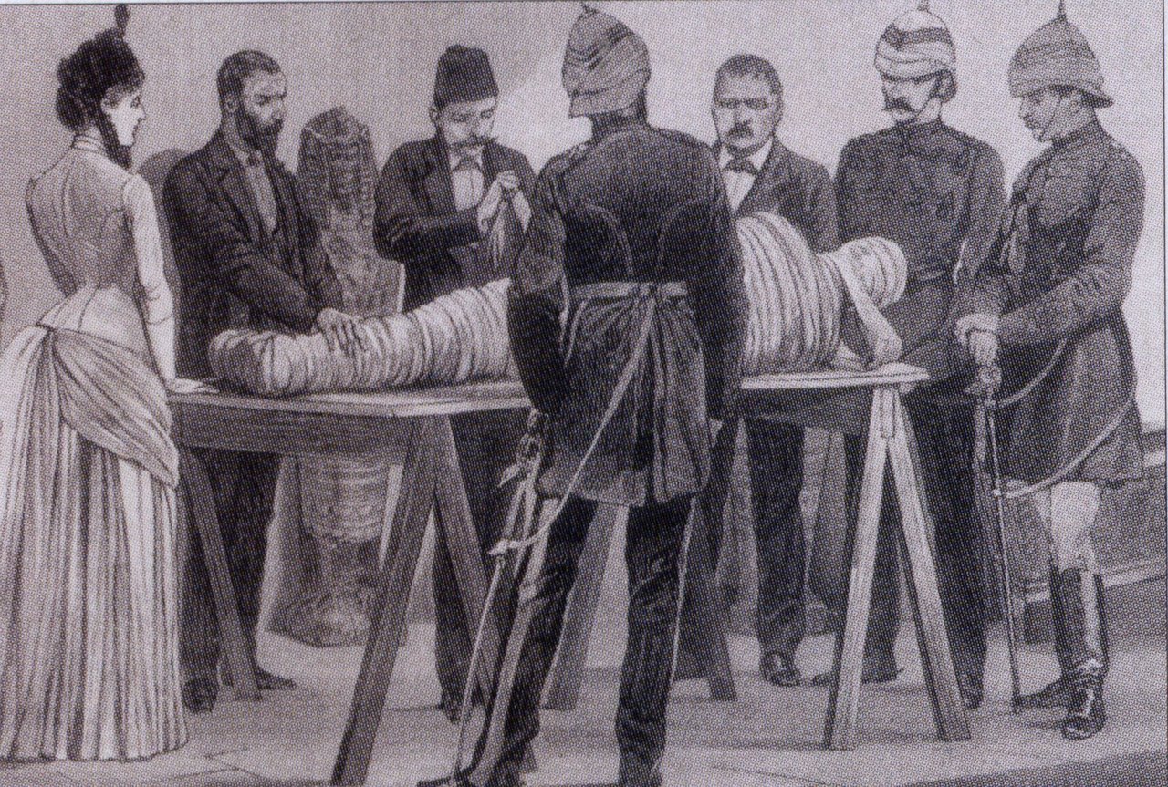Gaston Maspero at work on a mummy, Cairo, 1886