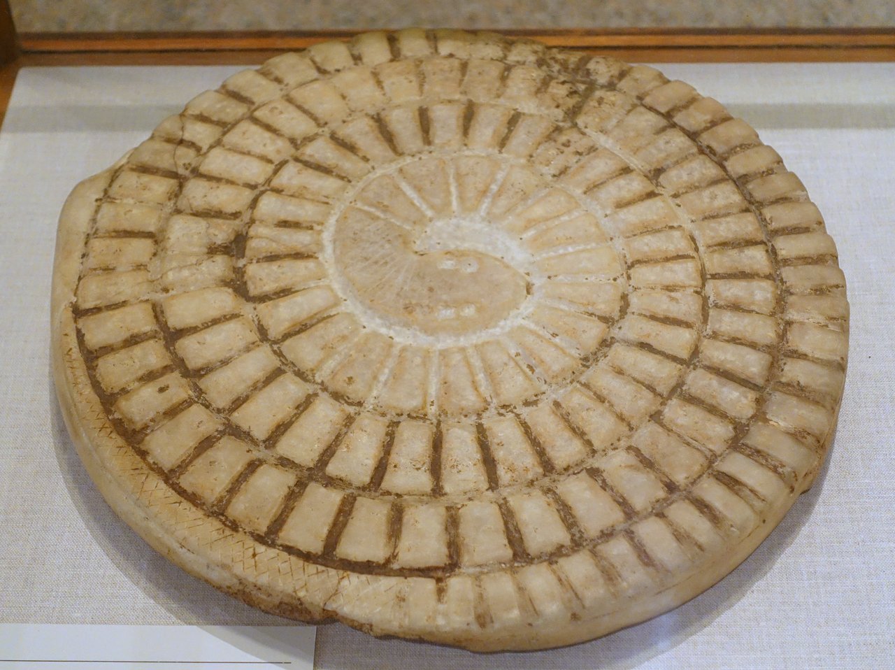 Ancient Egyptian Mehen (snake) game board, alabaster, Old Kingdom, Oriental Institute Museum