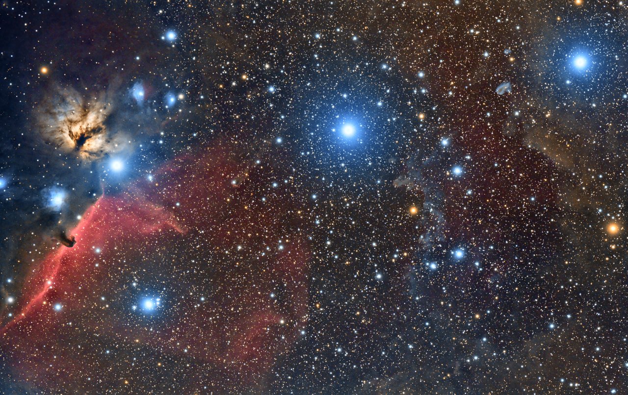 Orion's Belt (Alnitak, Alnilam, Mintaka) and surrounding nebulae