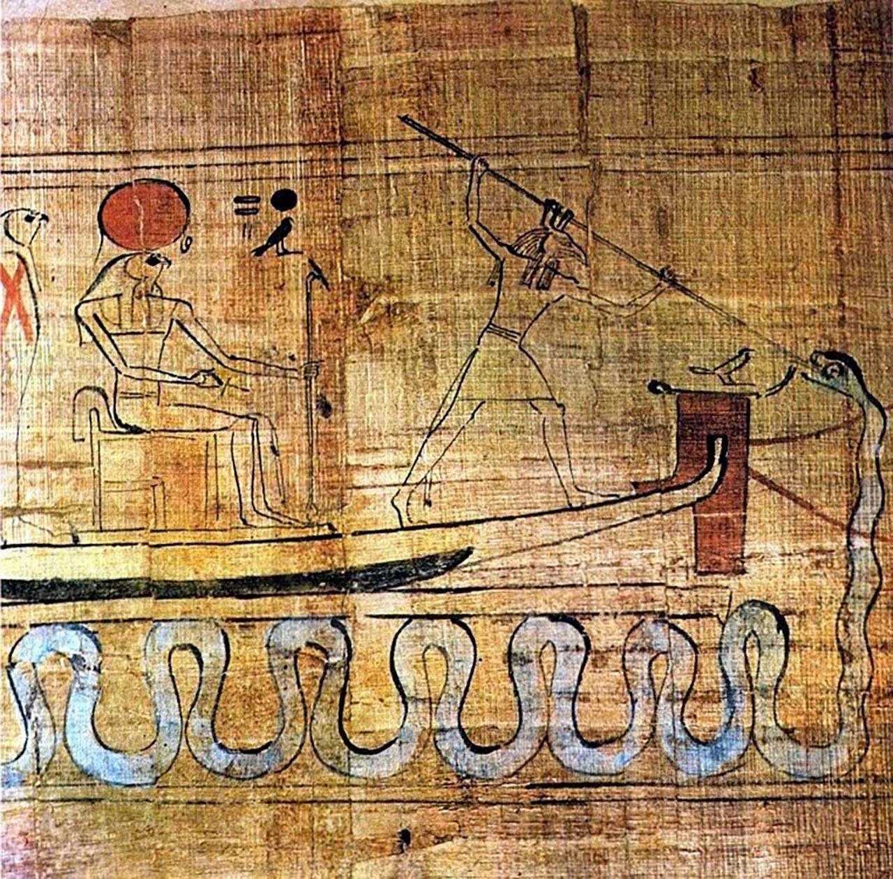 The god Set spearing the chaos-serpent Apep (Apophis), Book of the Dead of Cheritwebeshet, 21st Dynasty