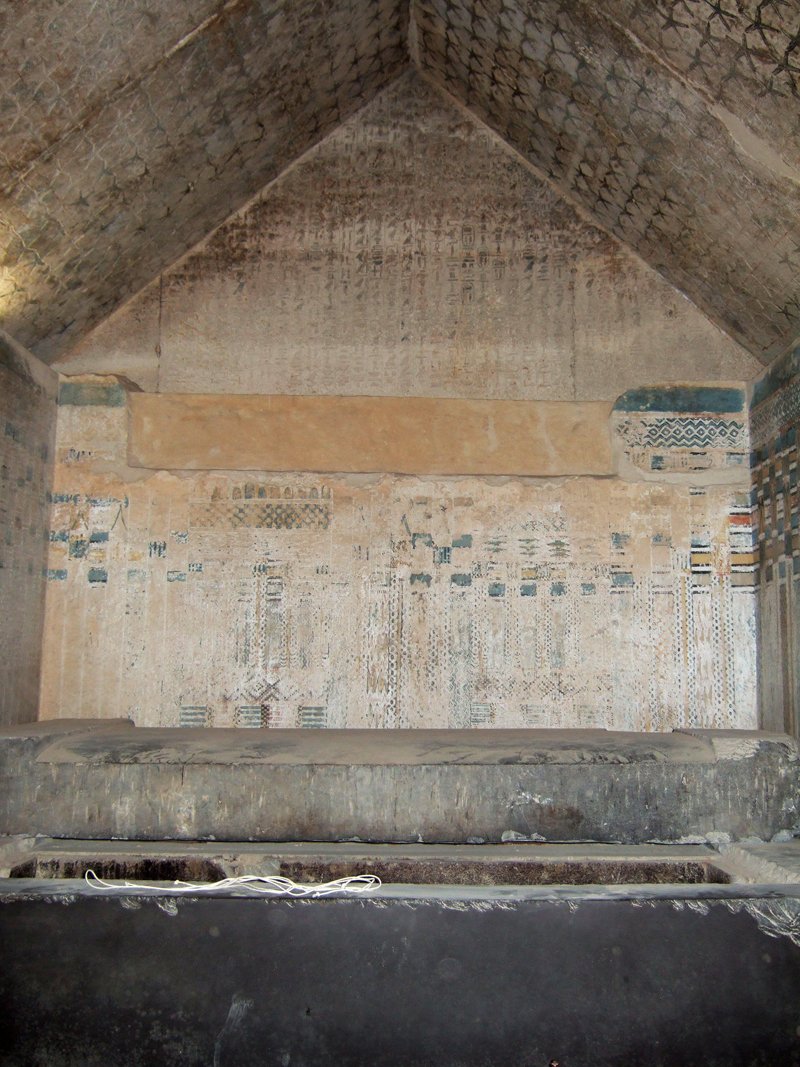 Interior of Unas' burial chamber, showing wall inscriptions and a star-decorated ceiling