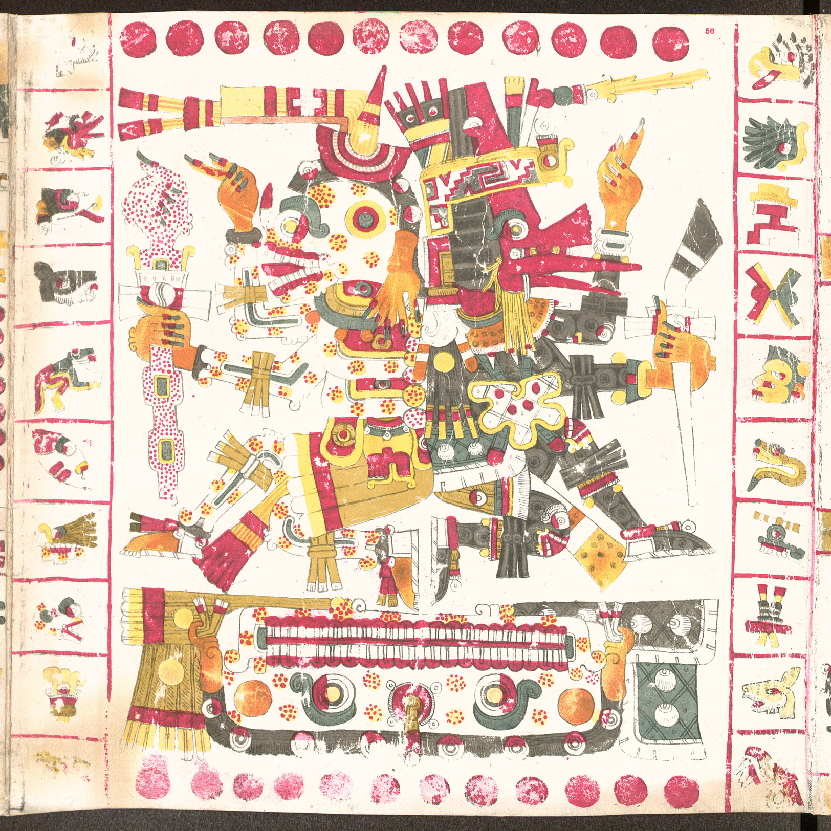 A page from the Codex Borgia showing Mictlantecuhtli, the Aztec god of death, facing Quetzalcoatl