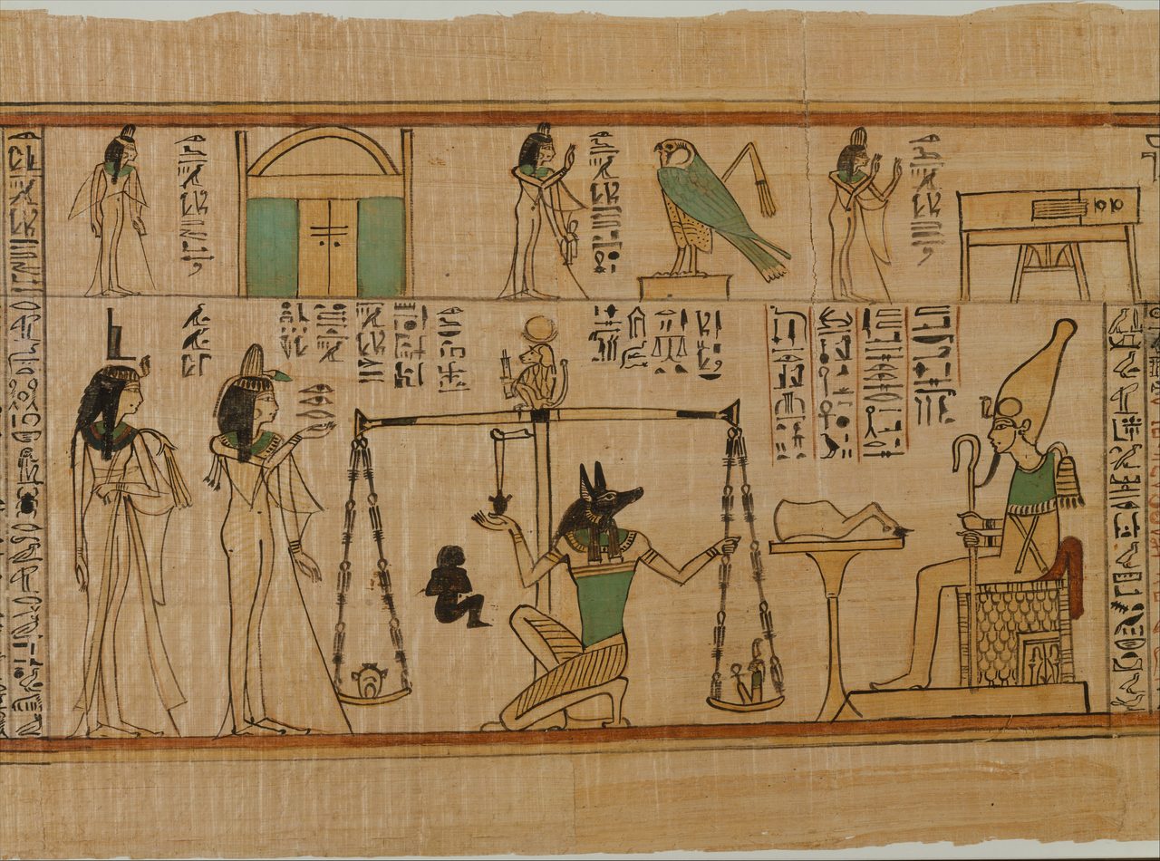 A vignette from the Book of the Dead of the Chantress of Amun, Nauny, showing her kneeling in adoration before the rising sun, ancient Egypt, circa 1050 BCE