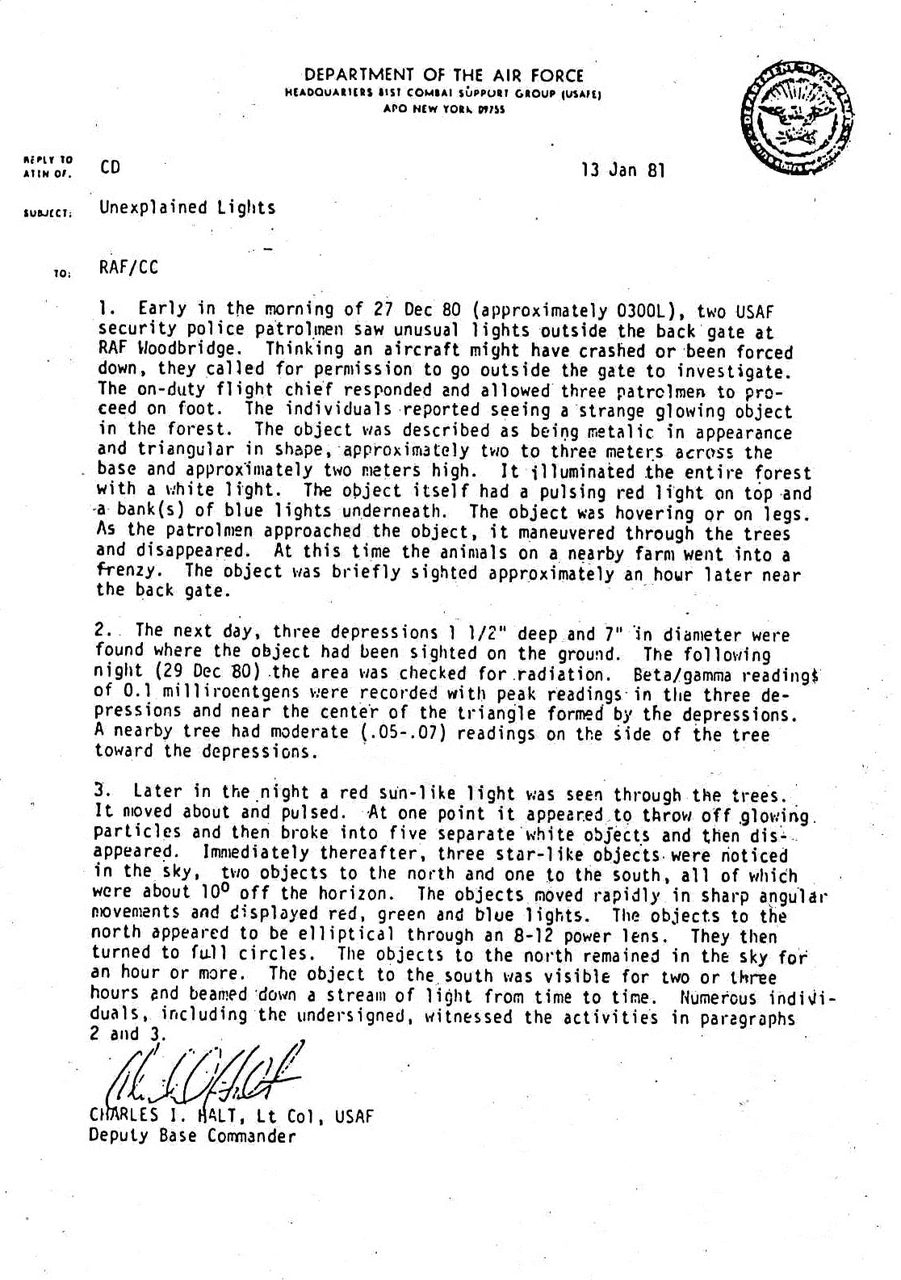 A scan of the one-page declassified Halt Memorandum dated 13 January 1981, subject line Unexplained Lights