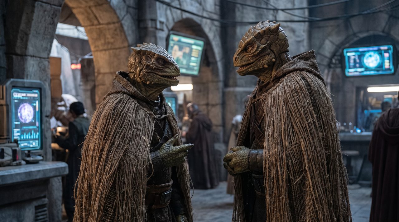 An AI-generated artist's impression of two robed reptilian humanoids conversing in a lantern-lit marketplace