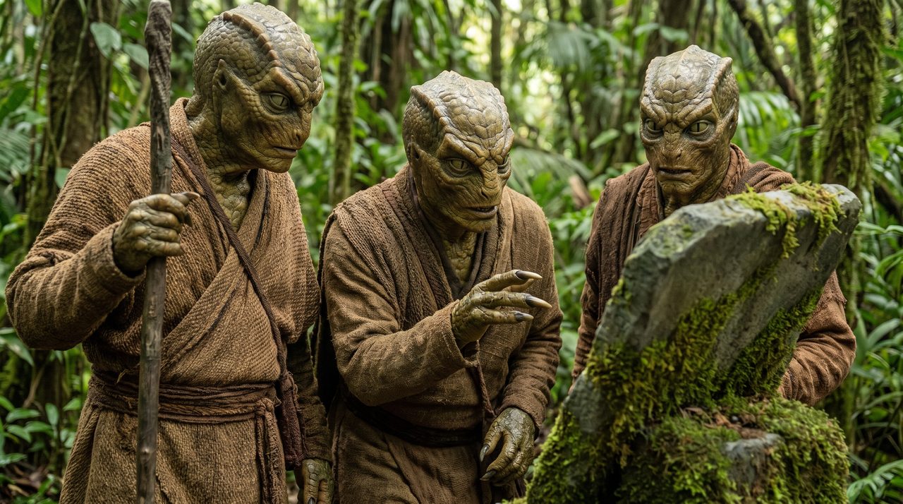 An AI-generated artist's impression of robed reptilian humanoids examining a moss-covered stone tablet in jungle ruins