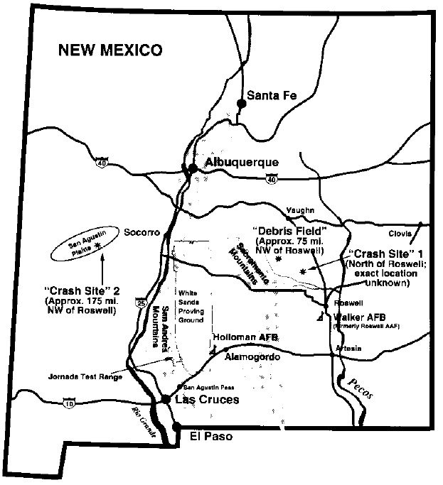 A map from the 1997 U.S. Air Force report showing the Roswell debris site and two claimed crash sites in New Mexico