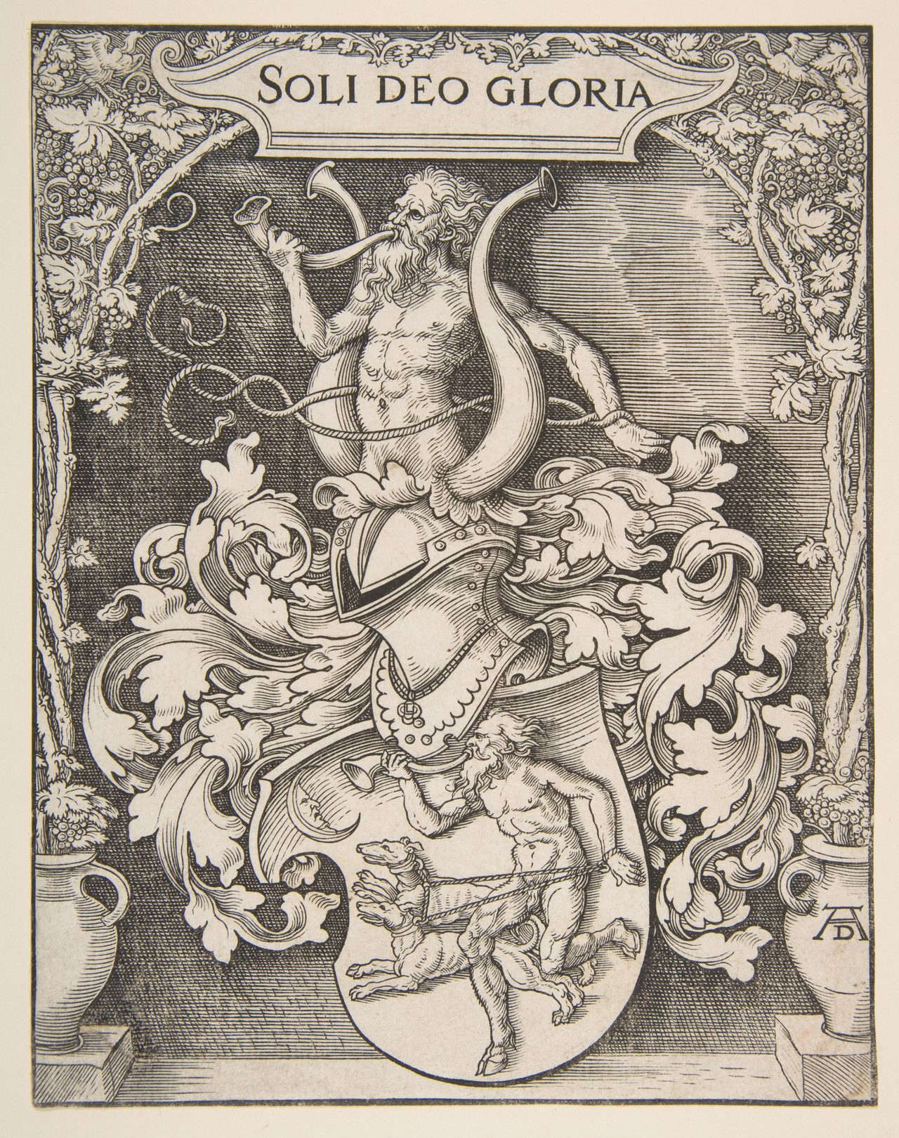 Albrecht Durer woodcut of the coat of arms of Johann Tscherte, featuring a wild man (woodwose) heraldic supporter
