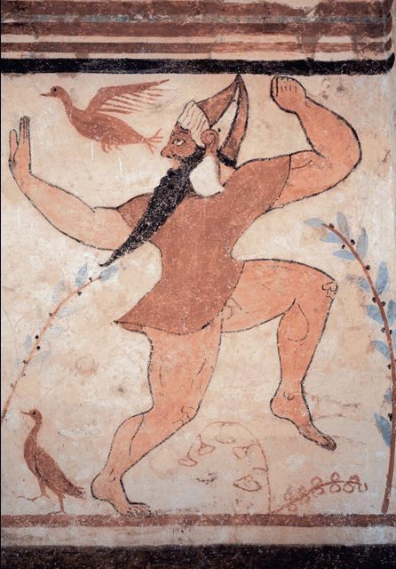 The Phersu figure, a masked ritual figure painted on the walls of the Tomb of the Augurs, Tarquinia, 525 to 500 BCE, Etruscan