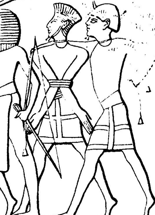 Relief detail of a Peleset and a Sherden prisoner under Egyptian guard, from Ramesses III's mortuary temple at Medinet Habu