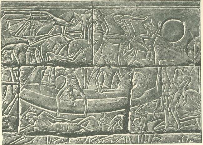 A 1903 line drawing of a Sea Peoples ship of war with a distinctive bird-headed prow, after a Medinet Habu relief
