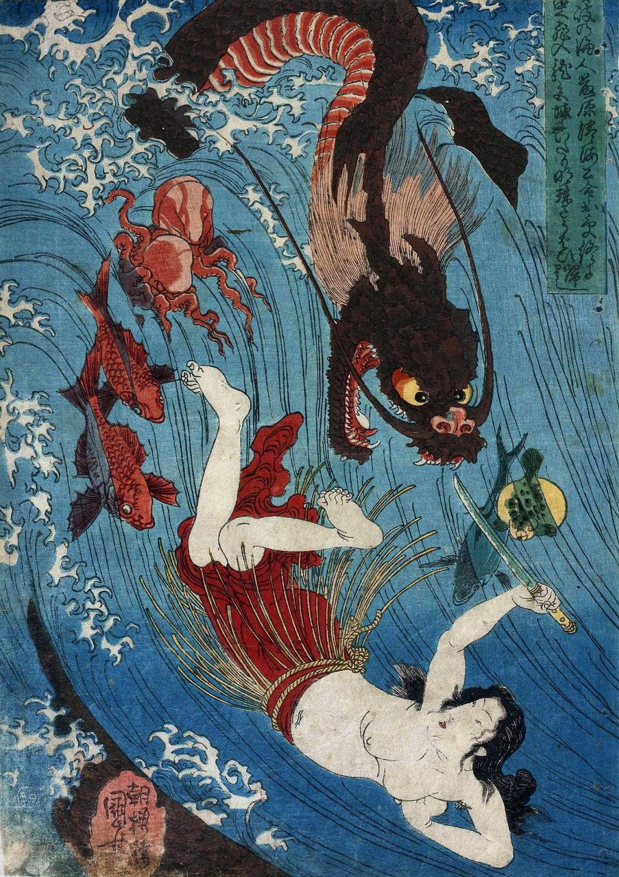 Princess Tamatori fleeing the palace of Ryujin the Dragon King, woodblock print by Utagawa Kuniyoshi, circa 1844