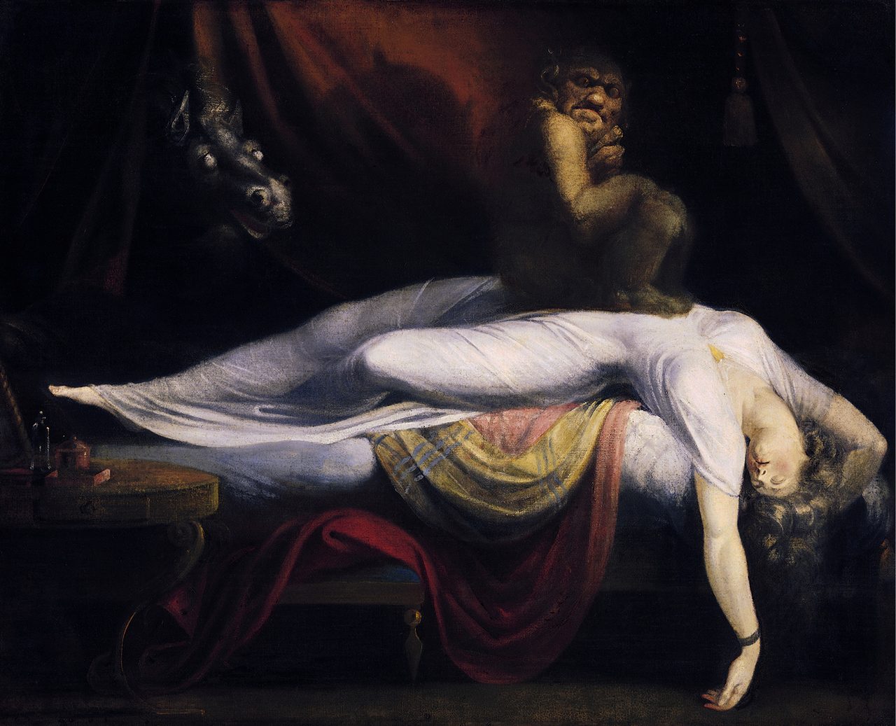 Henry Fuseli's 1781 painting The Nightmare, showing a sleeping woman with a demonic incubus on her chest and a dark horse's head emerging from a curtain
