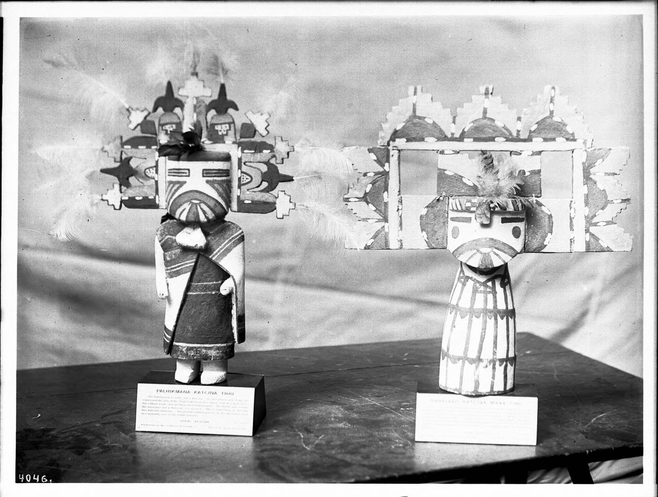 Two Hopi kachina dolls, Palhikmana Katcina Tihu and Shalako Katcina Mana Tihu, circa 1906