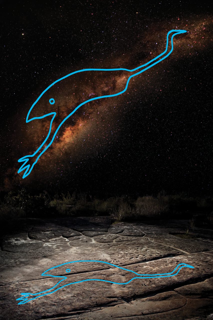 The Emu in the Sky, Aboriginal dark-constellation, with a matching rock engraving