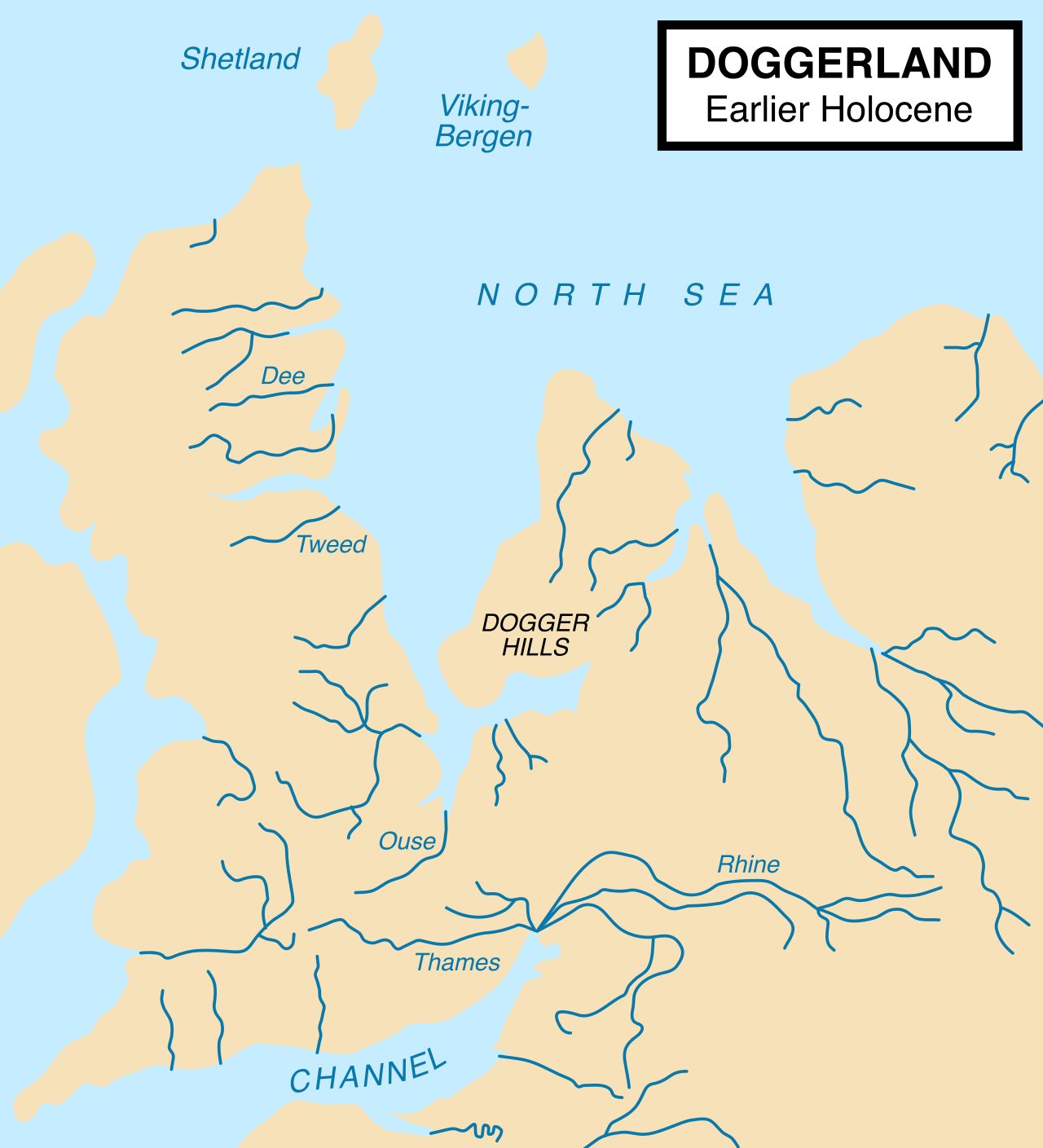 Map reconstruction of Doggerland showing land joining Britain to continental Europe