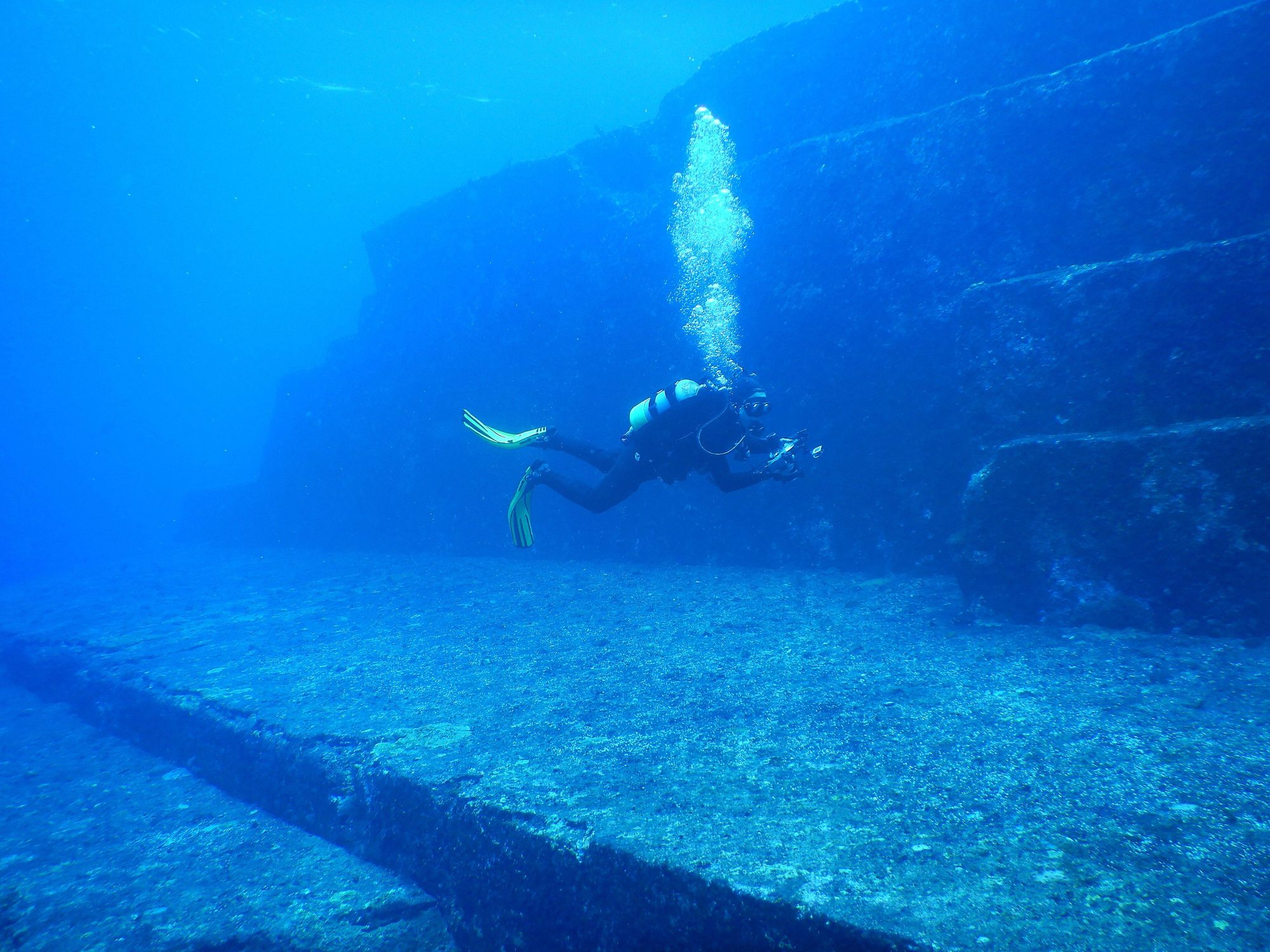 Flat stone terraces and right-angled steps of the Yonaguni Monument underwater off Japan