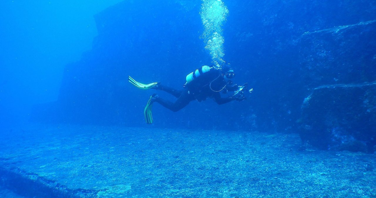 Flat stone terraces and right-angled steps of the Yonaguni Monument underwater off Japan
