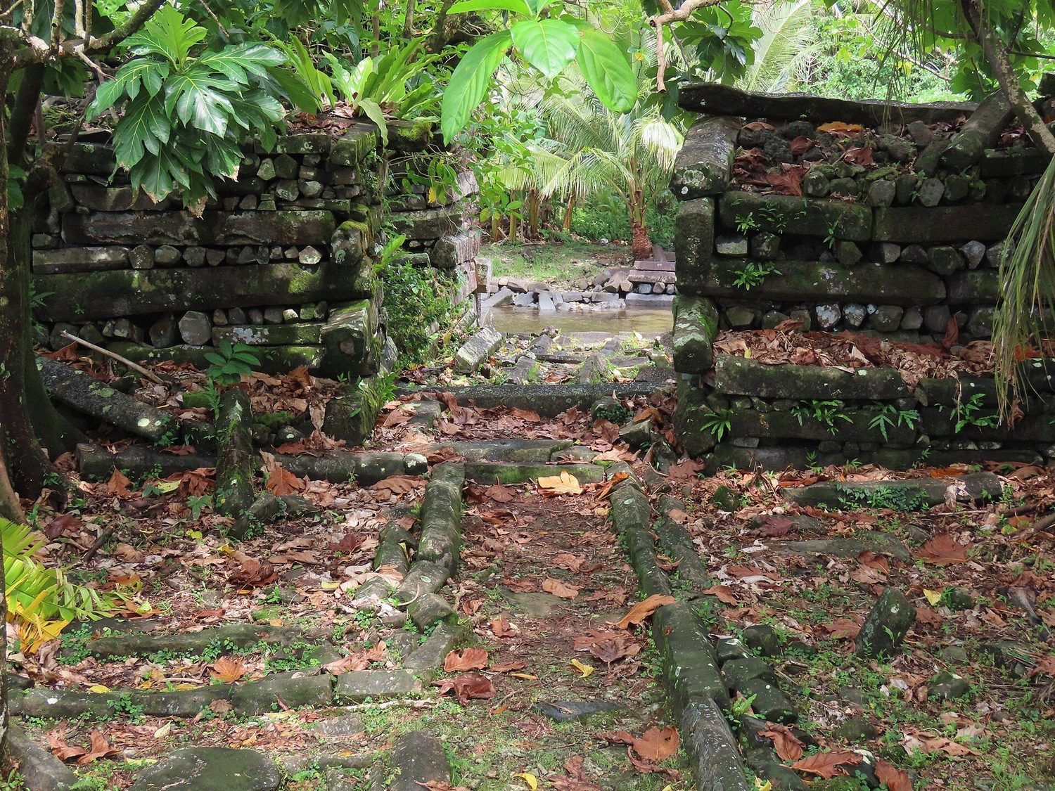 Stacked prismatic basalt column walls of Nan Madol on a reef flat in Pohnpei