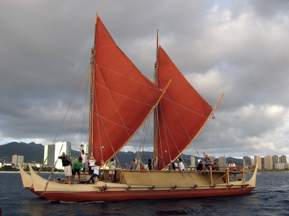 The Hokule'a, a modern traditional Hawaiian double-hulled voyaging canoe, sailing near Honolulu