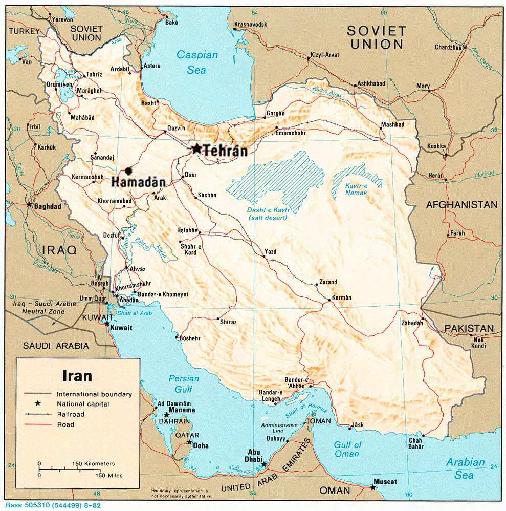 A CIA reference map of Iran showing Tehran in the north and Hamadan to the west