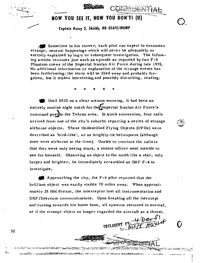 Page one of a declassified United States Air Force document on the 1976 Tehran incident