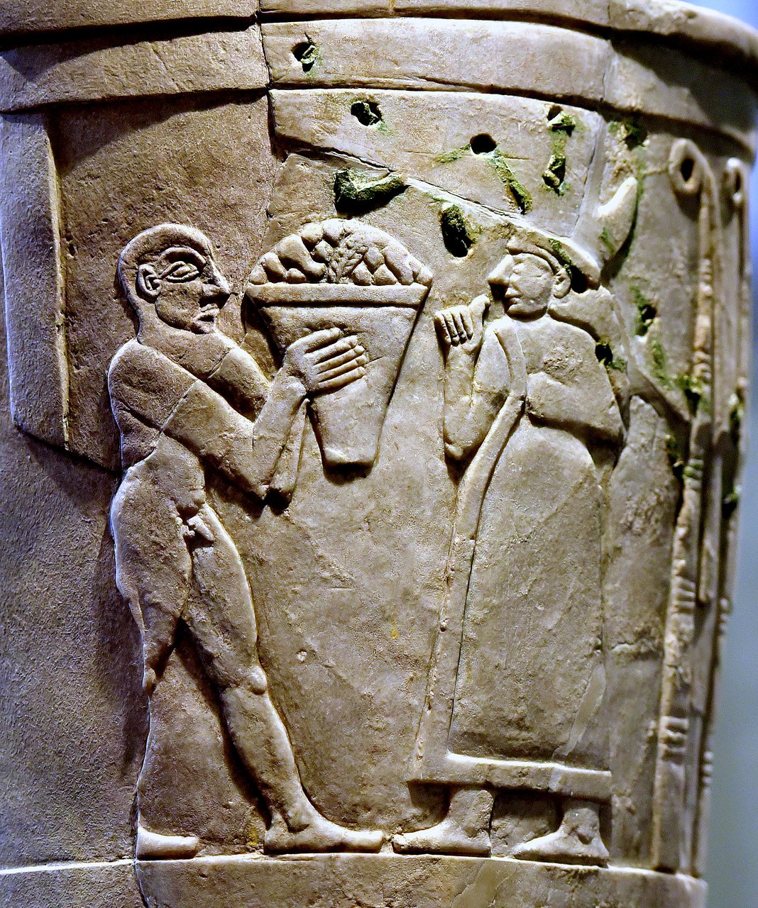 Inanna receiving offerings, detail of the Warka Vase (Uruk Vase), circa 3200-3000 BCE, Iraq Museum