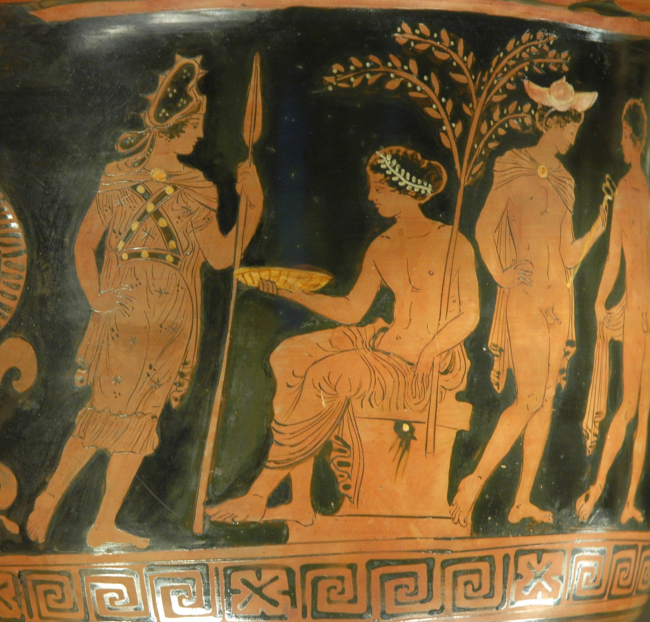 Apulian red-figure bell-krater depicting Artemis Bendis, Apollo, Hermes, and a young warrior, Louvre Museum